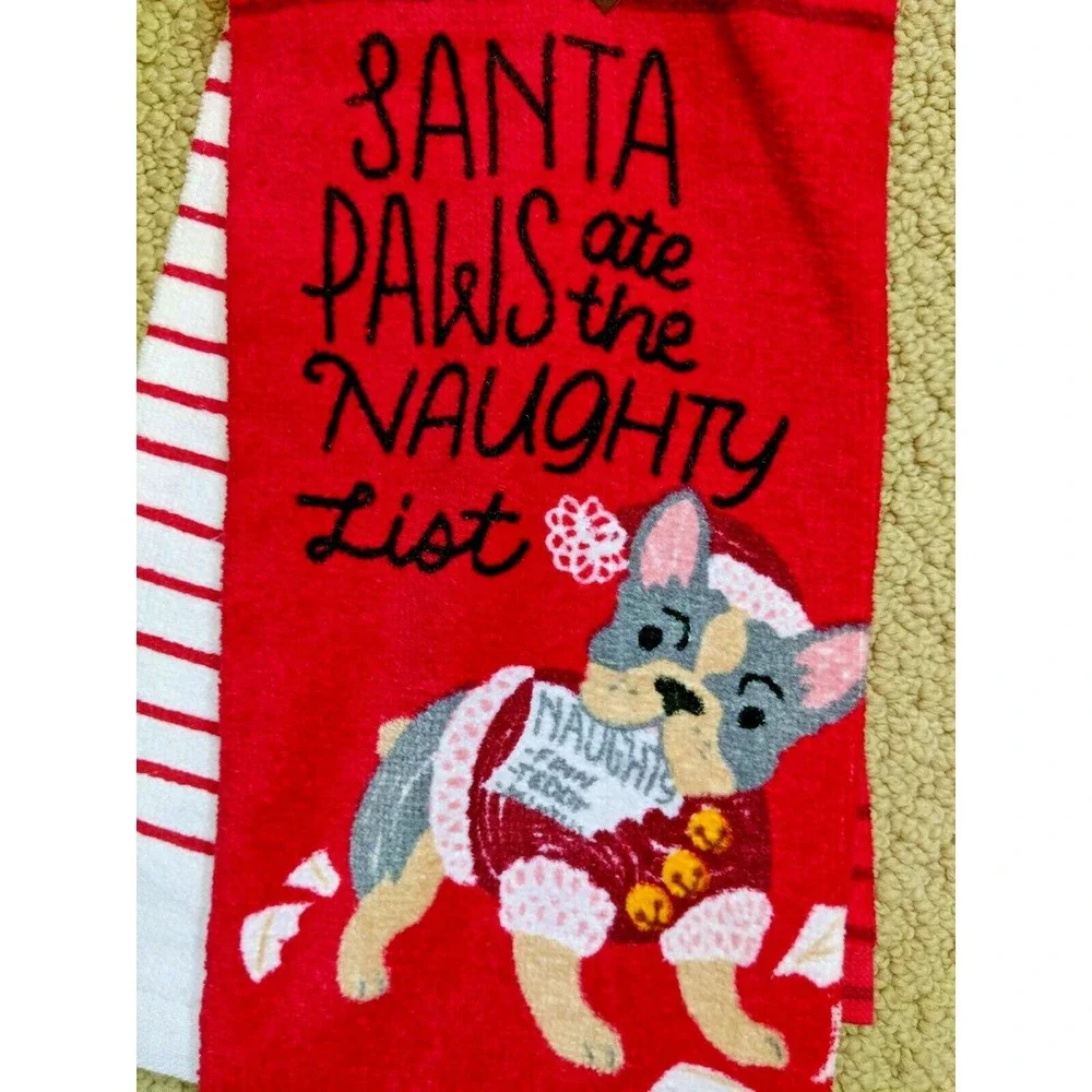 St Nicholas Square Christmas Holiday Santa Paws Bulldog Kitchen Towel 2 pack NWT